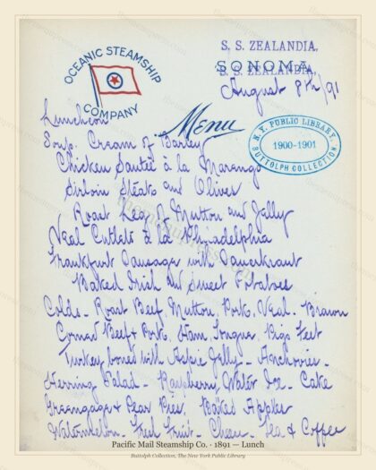 Vintage menu preview — 1891 Vintage Lunch Menu — Pacific Mail Steamship Co., Transatlantic Ocean Liner