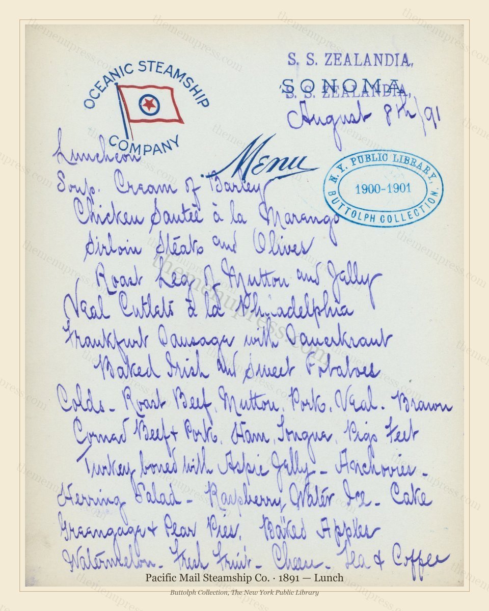 Vintage menu preview — 1891 Vintage Lunch Menu — Pacific Mail Steamship Co., Transatlantic Ocean Liner