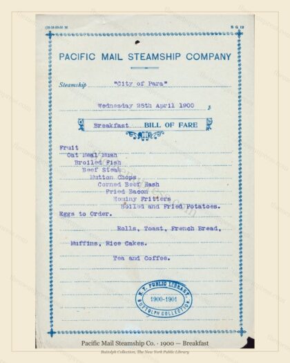 Vintage menu preview — 1900 Vintage Breakfast Menu — Pacific Mail Steamship Co., Transatlantic Ocean Li