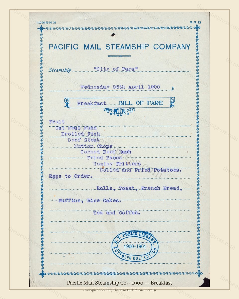 Vintage menu preview — 1900 Vintage Breakfast Menu — Pacific Mail Steamship Co., Transatlantic Ocean Li