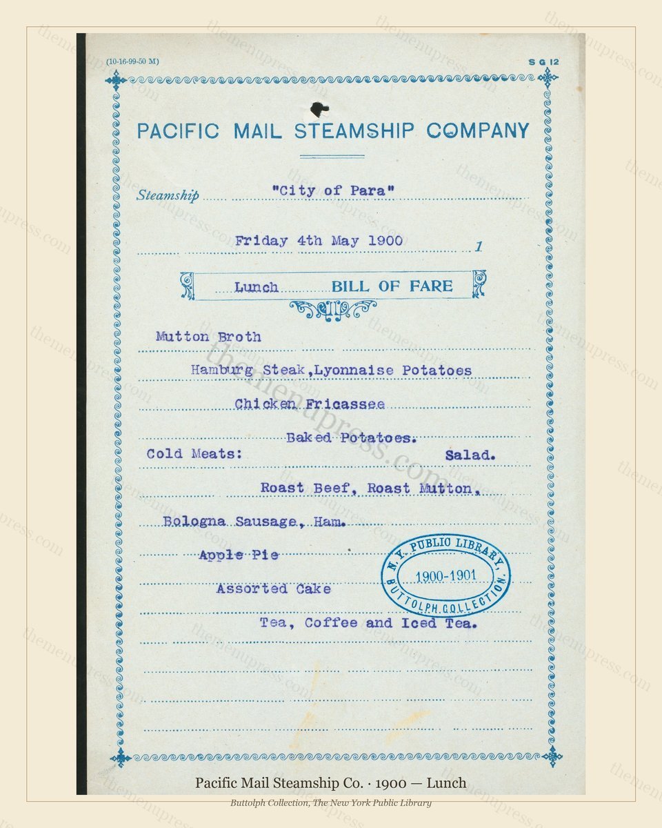 Vintage menu preview — 1900 Vintage Lunch Menu — Pacific Mail Steamship Co., Transatlantic Ocean Liner