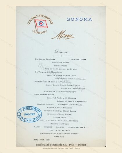 Vintage menu preview — 1901 Vintage Dinner Menu — Pacific Mail Steamship Co., Transatlantic Ocean Liner