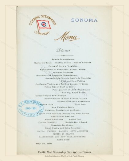 Vintage menu preview — 1901 Vintage Dinner Menu — Pacific Mail Steamship Co., Transatlantic Ocean Liner