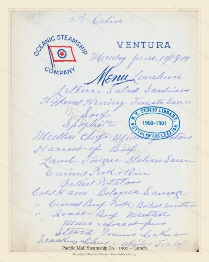 Vintage menu preview — 1901 Vintage Lunch Menu — Pacific Mail Steamship Co., Transatlantic Ocean Liner