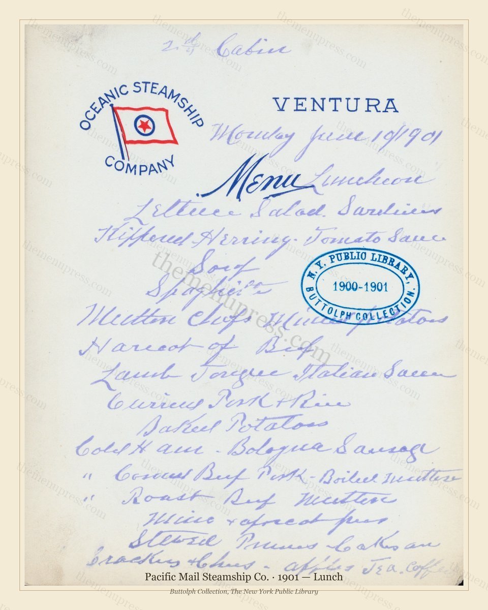 Vintage menu preview — 1901 Vintage Lunch Menu — Pacific Mail Steamship Co., Transatlantic Ocean Liner