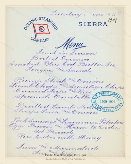 Vintage menu preview — 1901 Vintage Dining Menu — Pacific Mail Steamship Co., Transatlantic Ocean Liner