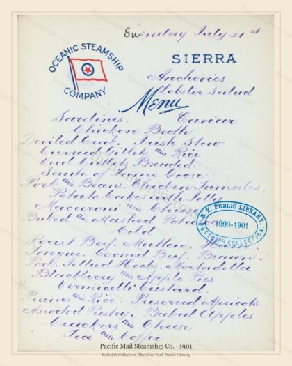 Vintage menu preview — 1901 Vintage Dining Menu — Pacific Mail Steamship Co., Transatlantic Ocean Liner