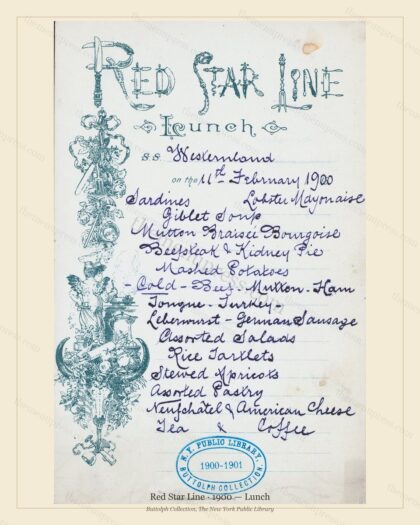 Vintage menu preview — 1900 Vintage Lunch Menu — Red Star Line, Transatlantic Ocean Liner Card (Complet