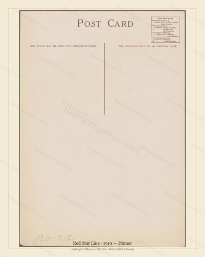 Vintage menu preview — 1910 Vintage Dinner Menu — Red Star Line, Transatlantic Ocean Liner Card
