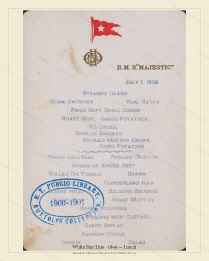 Vintage menu preview — 1899 Vintage Lunch Menu — White Star Line, Transatlantic Ocean Liner Card