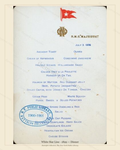 Vintage menu preview — 1899 Vintage Dinner Menu — White Star Line, Transatlantic Ocean Liner Card (Comp