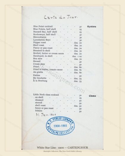 Vintage menu preview — 1900 Vintage CARTEDUJOUR Menu — White Star Line, Transatlantic Ocean Liner Card