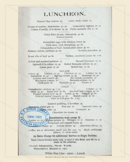 Vintage menu preview — 1900 Vintage Lunch Menu — White Star Line, Transatlantic Ocean Liner Card (Compl
