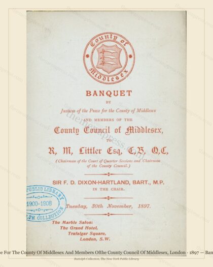 Vintage menu preview — 1897 Vintage Banquet Menu — Justices of the Peace for the Count, Belle Époque Lo
