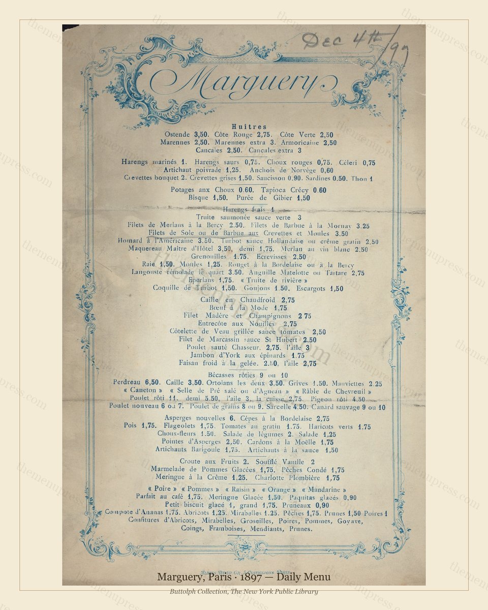 Vintage menu preview — 1897 Vintage Dinner Menu — Marguery, Belle Époque Paris (Complete 2-Page Archive