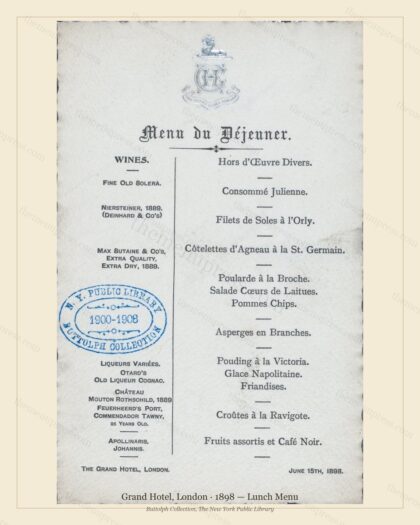 Vintage menu preview — 1898 Vintage Lunch Menu — Grand Hotel, Belle Époque London