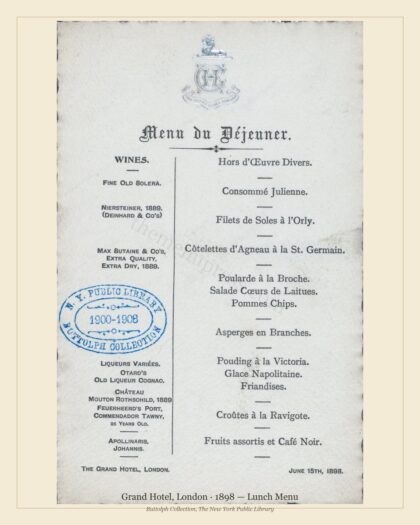 Grand Hotel, London · 1898 — Lunch Menu