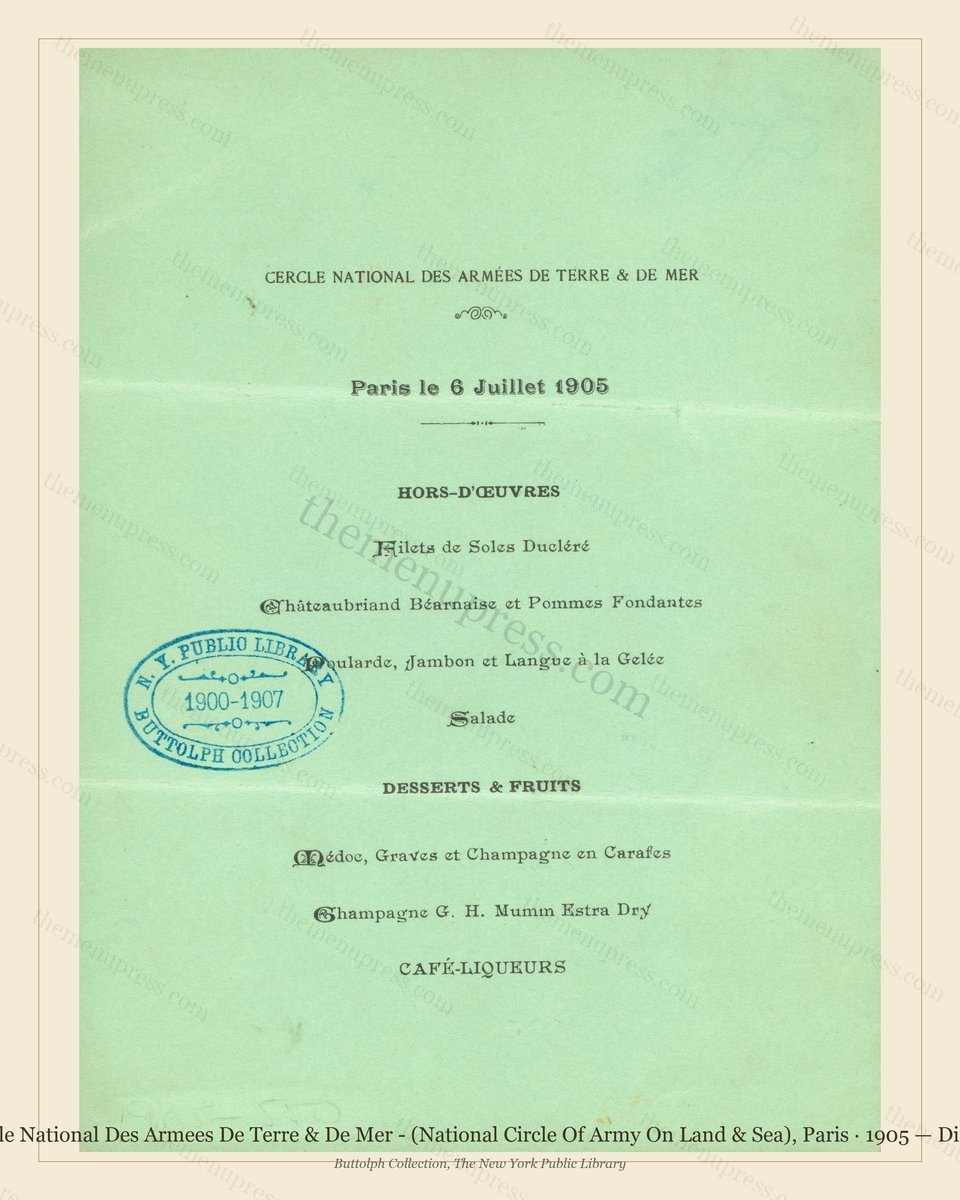 Vintage menu preview — 1905 Vintage Dinner Menu — Cercle National Des Armees De Terre, Belle Époque Par