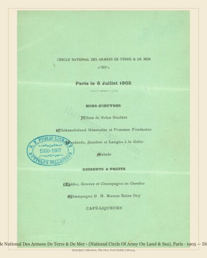 Cercle National Des Armees De Terre & De Mer - (National Circle Of Army On Land & Sea), Paris · 1905 — Dinner