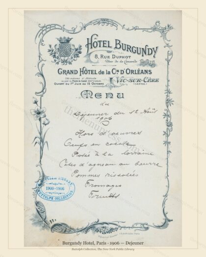 Vintage menu preview — 1906 Vintage Dinner Menu — Burgundy Hotel, Belle Époque Paris (Complete 2-Page A