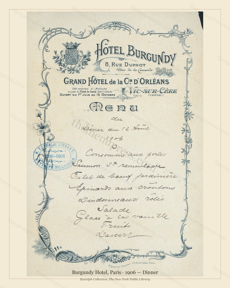 Vintage menu preview — 1906 Vintage Dinner Menu — Burgundy Hotel, Belle Époque Paris (Complete 2-Page A