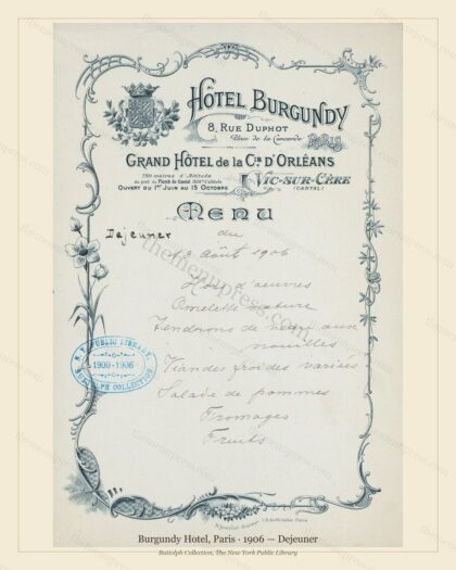 Vintage menu preview — 1906 Vintage Dinner Menu — Burgundy Hotel, Belle Époque Paris (Complete 2-Page A