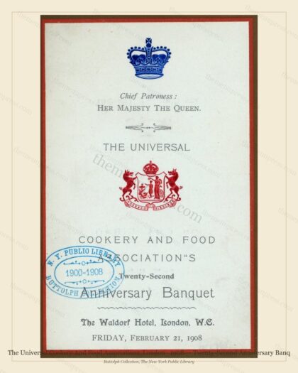 Vintage menu preview — 1908 Vintage Banquet Menu — The Universal Cookery and Food Asso, Belle Époque Lo