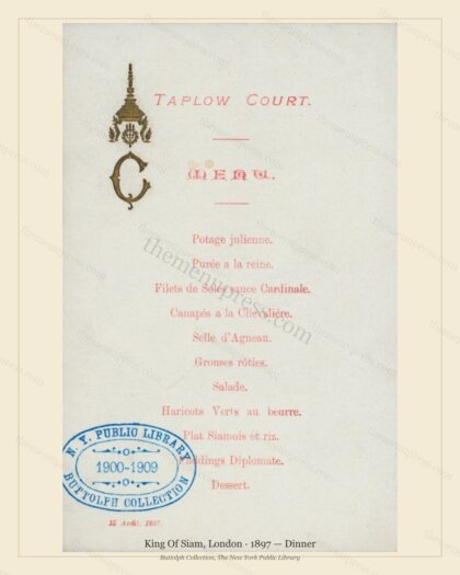 Vintage menu preview — 1897 Vintage Dinner Menu — King of Siam, Belle Époque London (Complete 2-Page Ar