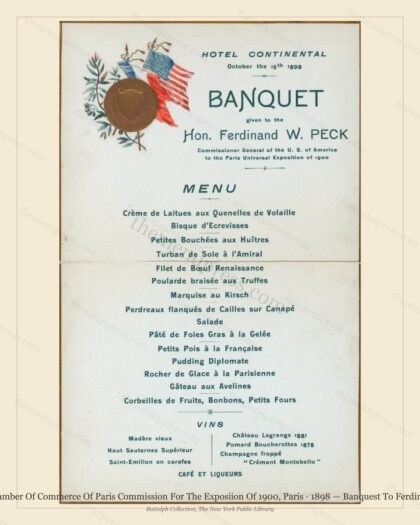 Vintage menu preview — 1898 Vintage Dinner Menu — American Chamber of Commerce of Par, Belle Époque Par