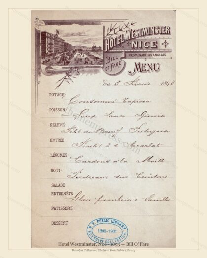 Vintage menu preview — 1893 Vintage Dinner Menu — Hotel Westminster, Belle Époque Europe (Complete 2-Pa