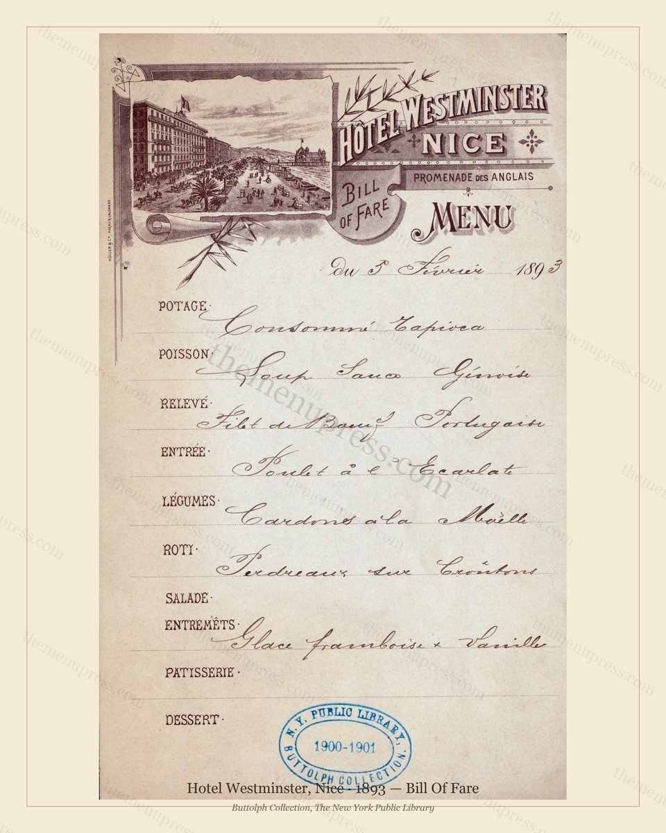 Vintage menu preview — 1893 Vintage Dinner Menu — Hotel Westminster, Belle Époque Europe (Complete 2-Pa