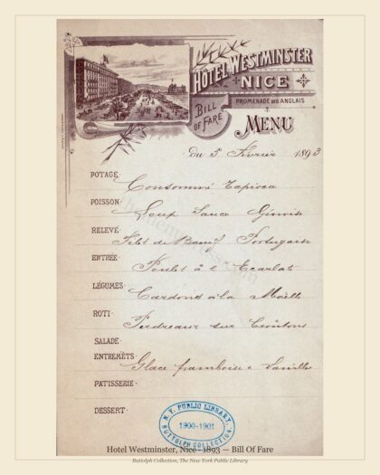 Hotel Westminster, Nice · 1893 — Bill Of Fare
