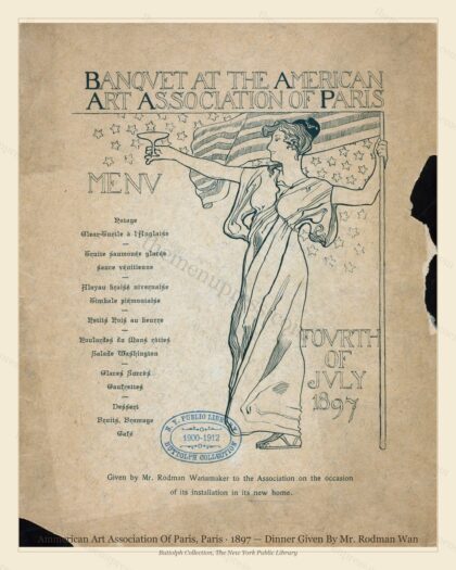 Vintage menu preview — 1897 Vintage Dinner Menu — Ammerican Art Association of Paris, Belle Époque Pari
