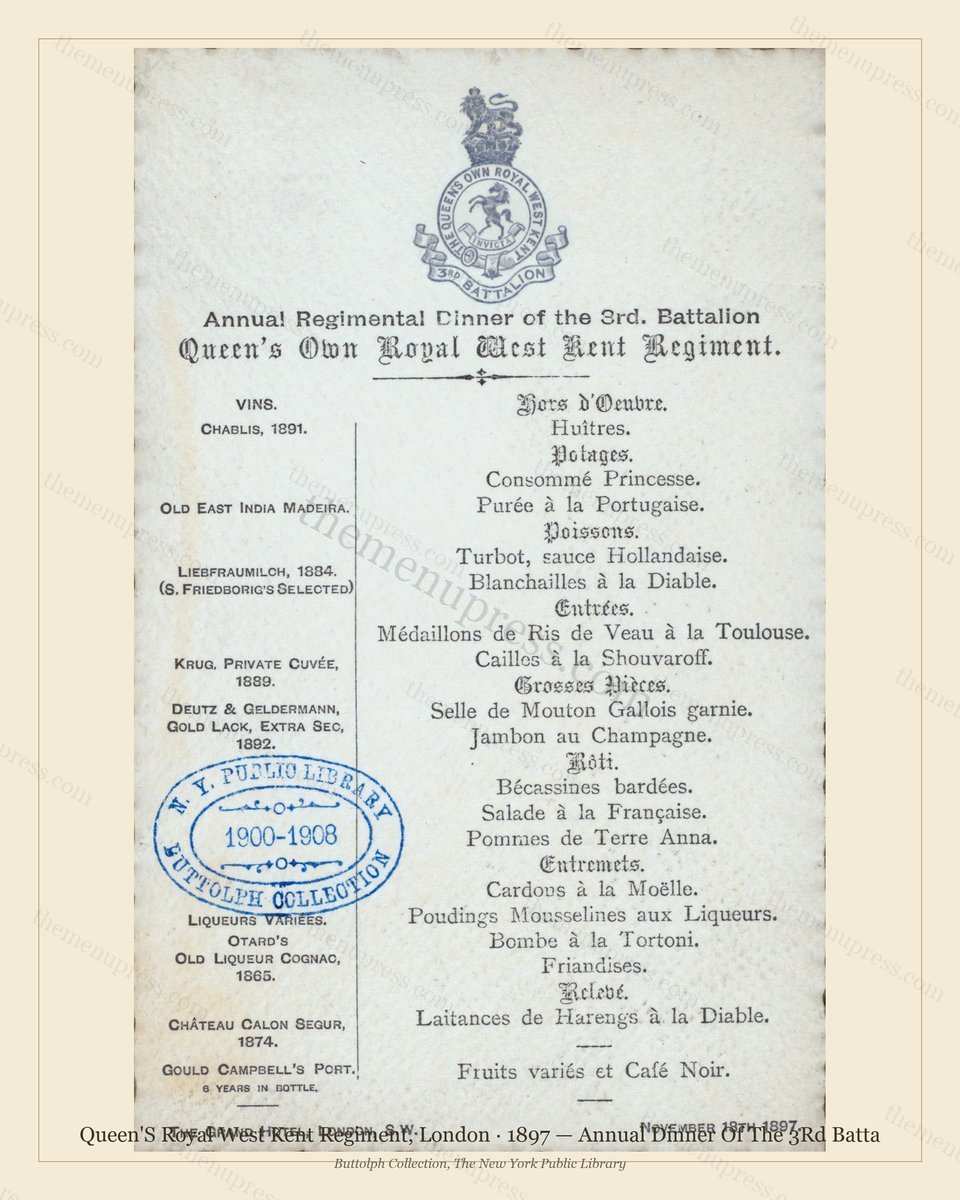 Vintage menu preview — 1897 Vintage Dinner Menu — Queen'S Royal West Kent Regiment, Belle Époque London
