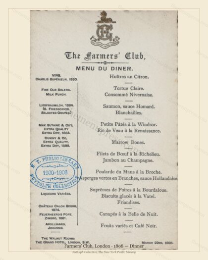 Vintage menu preview — 1898 Vintage Dinner Menu — Farmers' Club, Belle Époque London (Complete 2-Page A