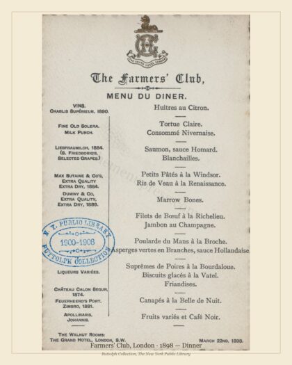 Farmers' Club, London · 1898 — Dinner