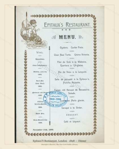 Vintage menu preview — 1898 Vintage Dinner Menu — Epitaux'S Restaurant, Belle Époque London (Complete 2