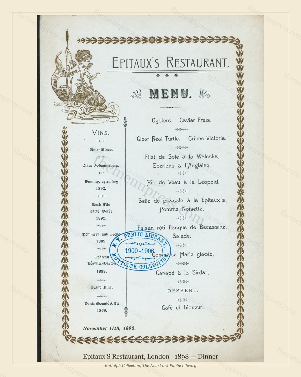 Vintage menu preview — 1898 Vintage Dinner Menu — Epitaux'S Restaurant, Belle Époque London (Complete 2