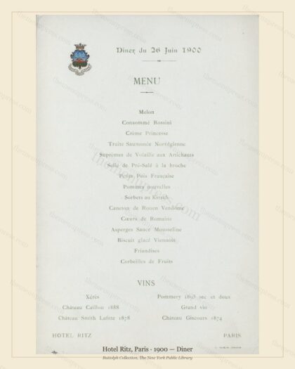 Vintage menu preview — 1900 Vintage Dinner Menu — Hotel Ritz, Belle Époque Paris