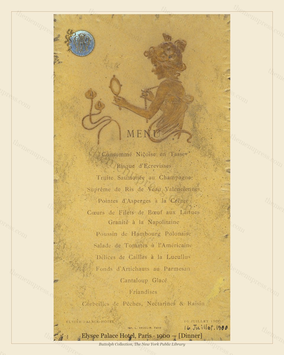 Vintage menu preview — 1900 Vintage Dinner Menu — Elysee Palace Hotel, Belle Époque Paris (Complete 2-P