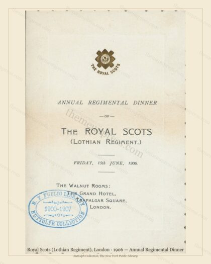 Vintage menu preview — 1906 Vintage Dinner Menu — Royal Scots (Lothian Regiment), Belle Époque London (