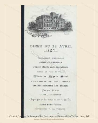 Vintage menu preview — 1907 Vintage Dinner Menu — (Count & Countess De Franqueville), Belle Époque