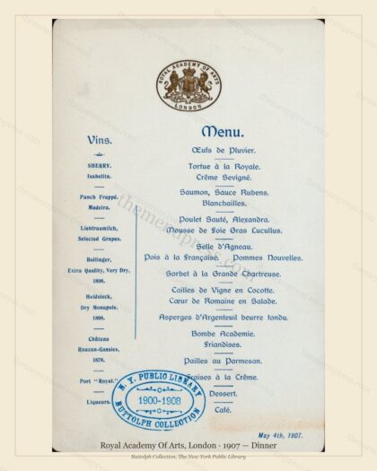 Vintage menu preview — 1907 Vintage Dinner Menu — Royal Academy of Arts, Belle Époque London (Complete