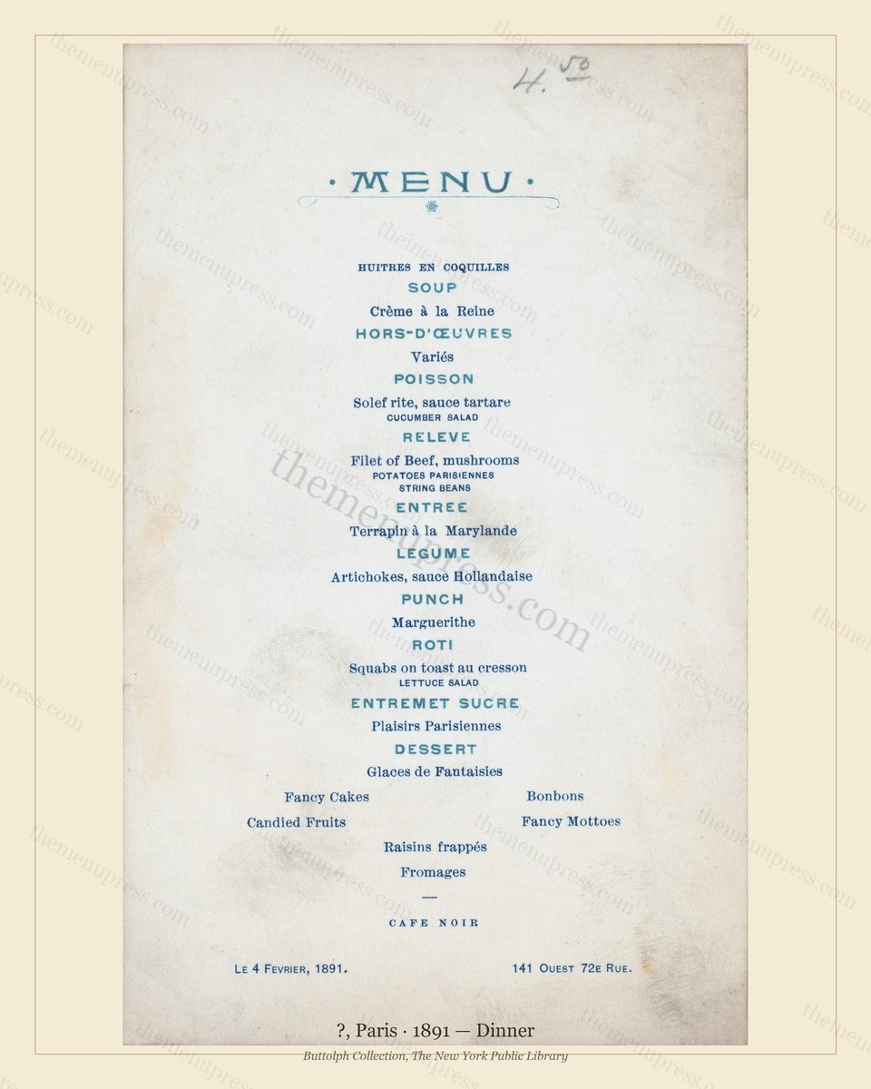 Vintage menu preview — 1891 Vintage Dinner Menu — ?, Belle Époque Paris (Complete 2-Page Archive)