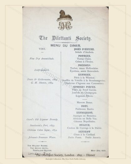 Vintage menu preview — 1891 Vintage Dinner Menu — The Dilettanti Society, Belle Époque London (Complete