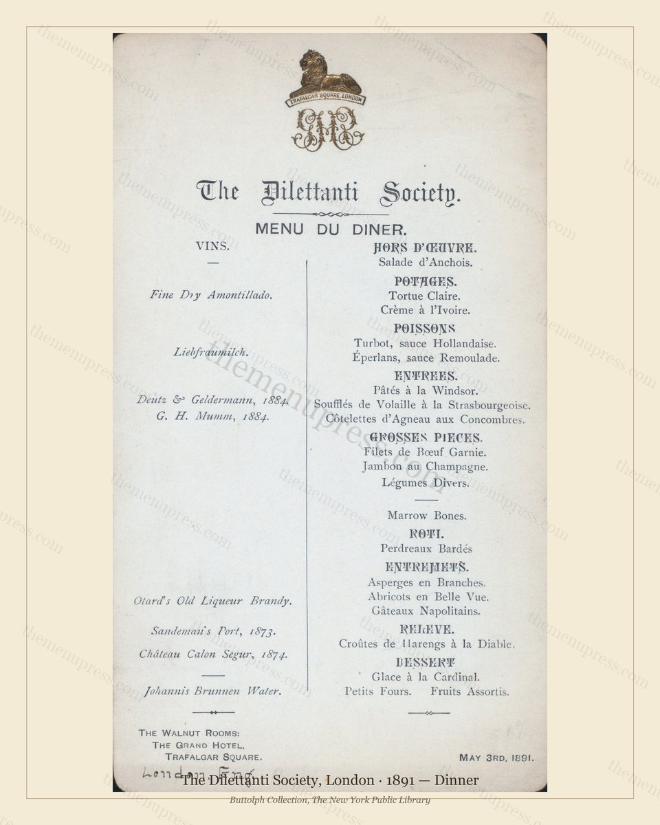 Vintage menu preview — 1891 Vintage Dinner Menu — The Dilettanti Society, Belle Époque London (Complete