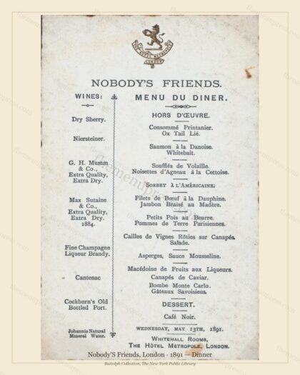 Vintage menu preview — 1891 Vintage Dinner Menu — Nobody'S Friends, Belle Époque London (Complete 2-Pag