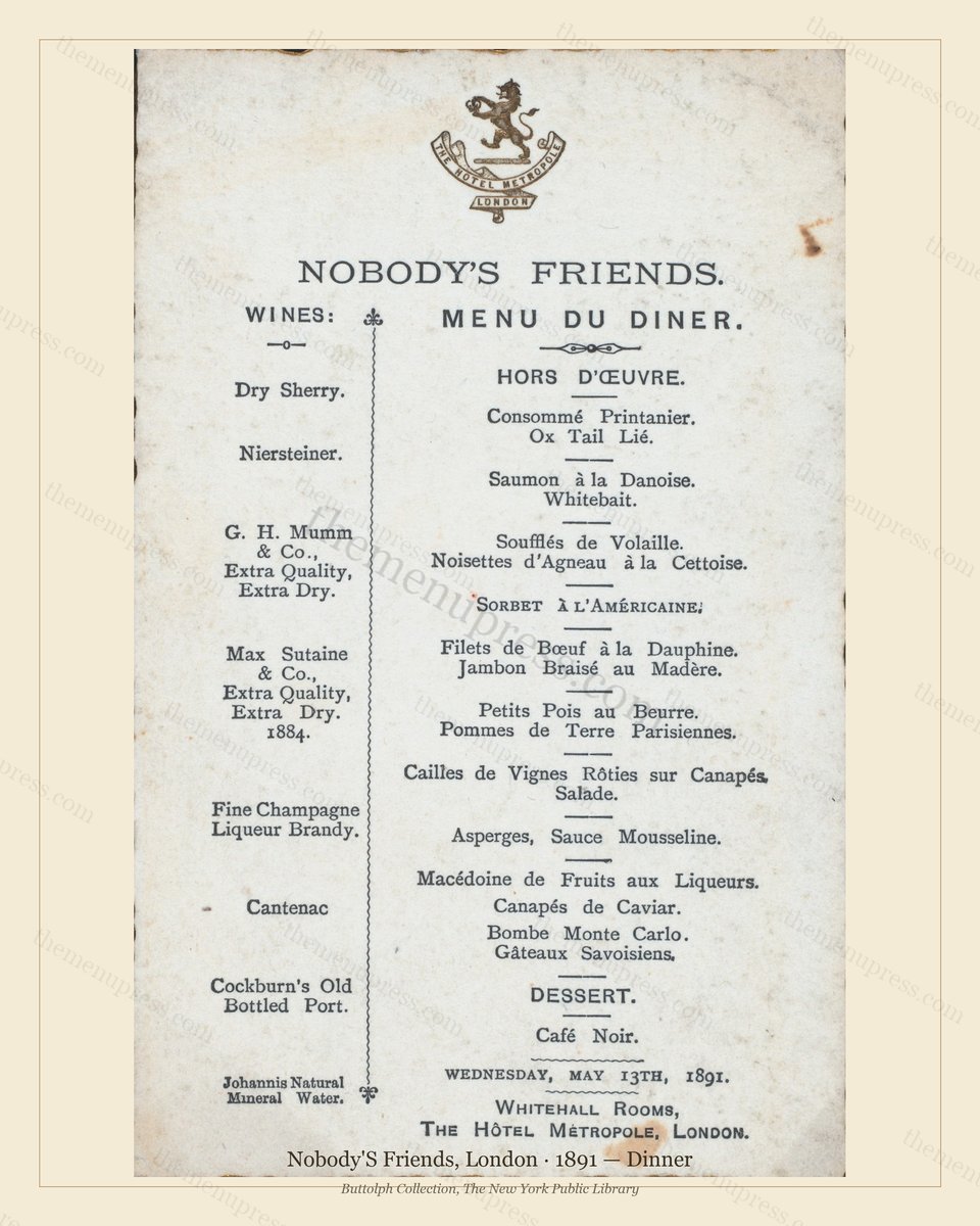 Vintage menu preview — 1891 Vintage Dinner Menu — Nobody'S Friends, Belle Époque London (Complete 2-Pag