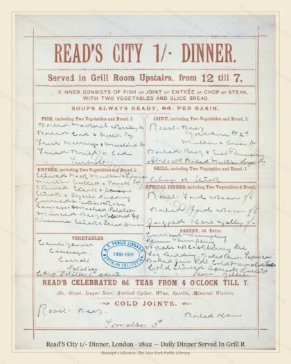 Vintage menu preview — 1892 Vintage Dinner Menu — Read'S City 1/- Dinner, Belle Époque London (Complete
