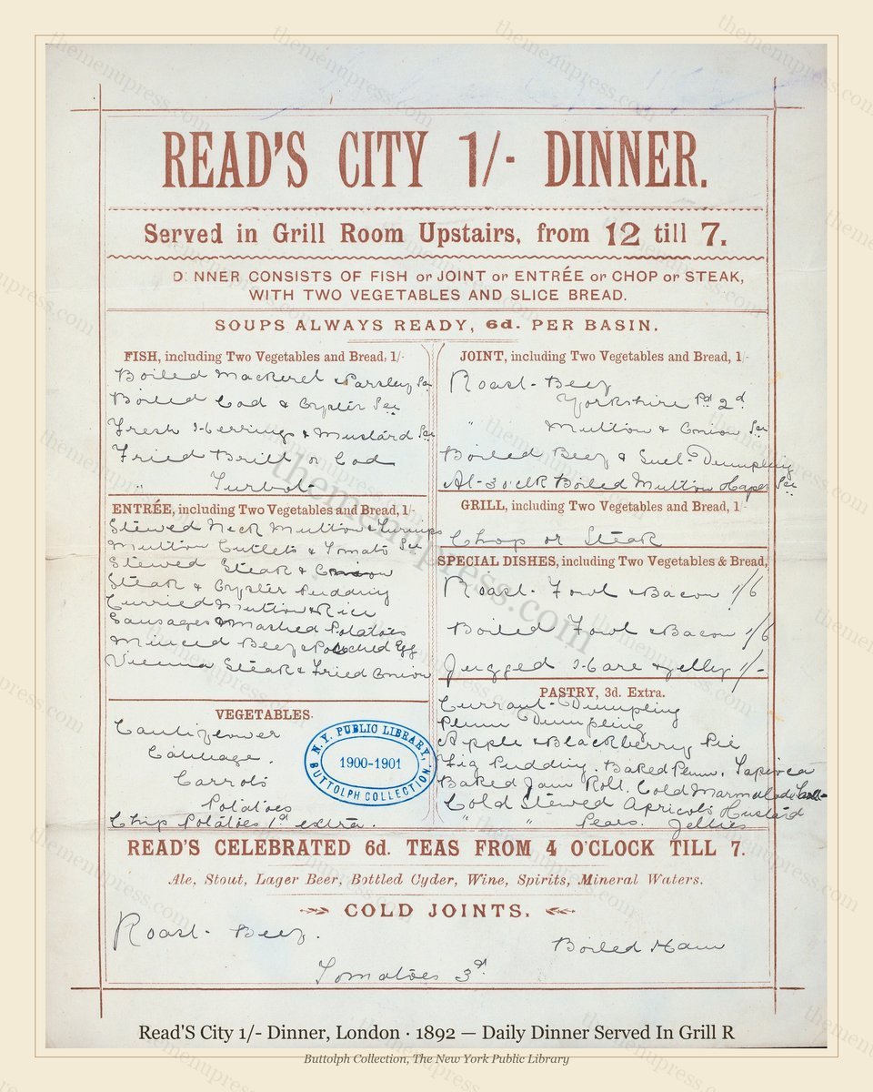 Vintage menu preview — 1892 Vintage Dinner Menu — Read'S City 1/- Dinner, Belle Époque London (Complete